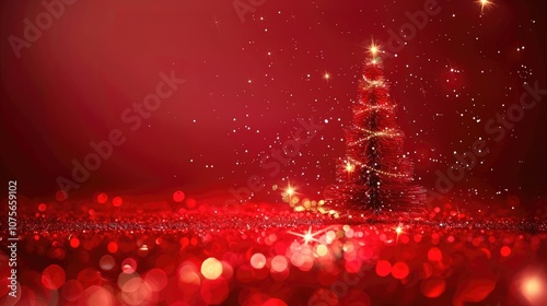 Christmas background with a Christmas tree and sparkling bokeh lights on a red canvas background. merry christmas card winter holiday theme Happy New Year, Christmas festival concept