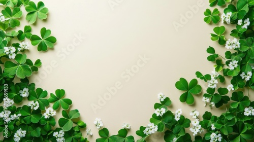 St. Patrick’s Day Background with Shamrocks and Open Space for Text photo