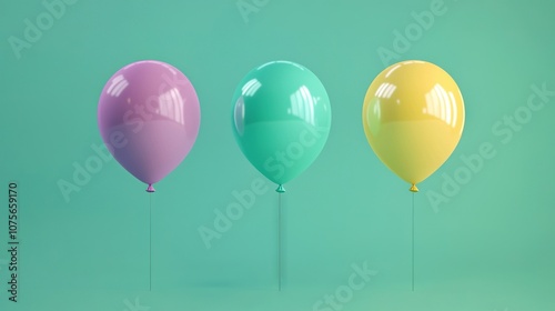   Three balloons stacked on blue-green backdrop, with one balloon protruding from center photo