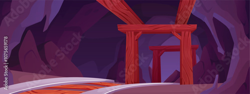 Mine tunnel, cave with railway, rocks, stone shaft tunnel with wooden planks construction, vector game background