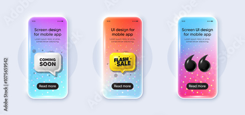 Phone 3d mockup gradient screen. Coming soon tag. Promotion banner sign. New product release symbol. Coming soon phone mockup message. Flash sale chat speech bubble. Yellow text box app. Vector