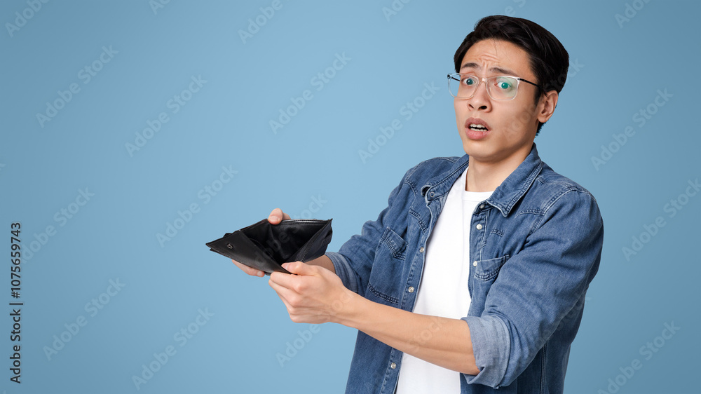 Coronavirus Economic Crisis Concept. Concerned Chinese Man Demonstrating Empty Wallet With No Money, Suffering From Poverty, Light Background Coronavirus Economic Crisis Concept. Concerned Chinese Man Demonstrating Empty Wallet With No Money, Suffering From Poverty, Light Background