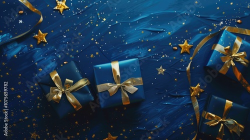 Blue gift with golden bow and ribbon placed on blue background near stars, Christmas festival concept.