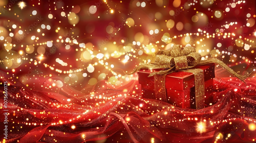 Red and gold celebration banner with gift boxes and lights, Christmas festival concept. Red and gold celebration banner with gift boxes and lights, Christmas festival concept.