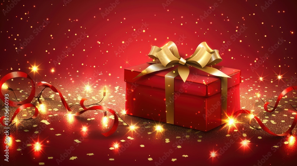 Red and gold celebration banner with gift boxes and lights, Christmas festival concept. Red and gold celebration banner with gift boxes and lights, Christmas festival concept.