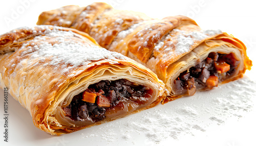 Delicious strudel with tasty filling isolated on white, top view