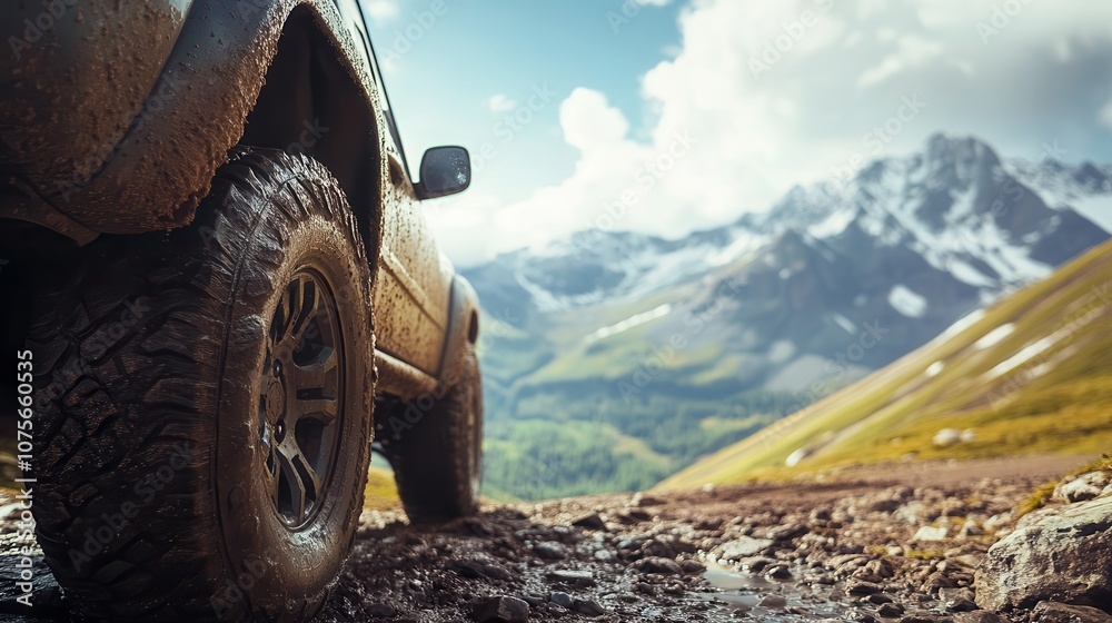 Off-road SUV car in a sunny mountain valley. Off road car adventure. Closeup photo of offroad wheel. Travel, journey, overlanding concept. Off-road SUV car in a sunny mountain valley. Off road car adventure. Closeup photo of offroad wheel. Travel, journey, overlanding concept.