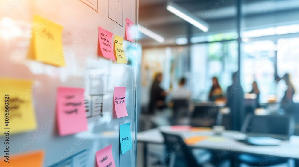 Fototapeta premium Office Brainstorming Sticky Notes on Glass Wall with Blurred Team Meeting
