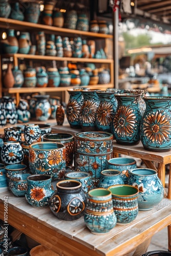 Colorful handmade pottery displayed in a craft market during the afternoon