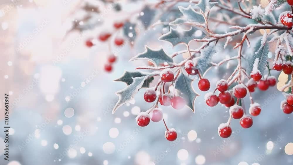 holly berries and leaves with frost, festive winter background holly berries and leaves with frost, festive winter background