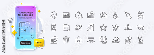 Microscope, Restructuring and Cash transit line icons for web app. Phone mockup gradient screen. Pack of Calendar, Face search, Smile pictogram icons. Vector