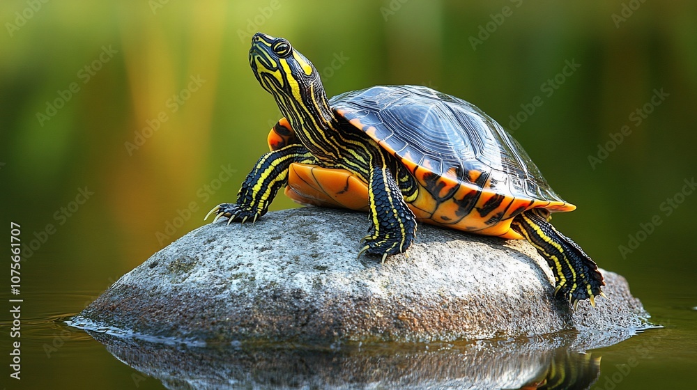 Fototapeta premium A painted turtle basks on a rock in a pond, sunning itself with its head raised.