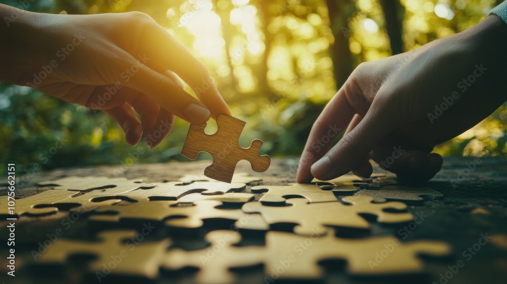 Two hands working together to complete a puzzle Two hands working together to complete a puzzle