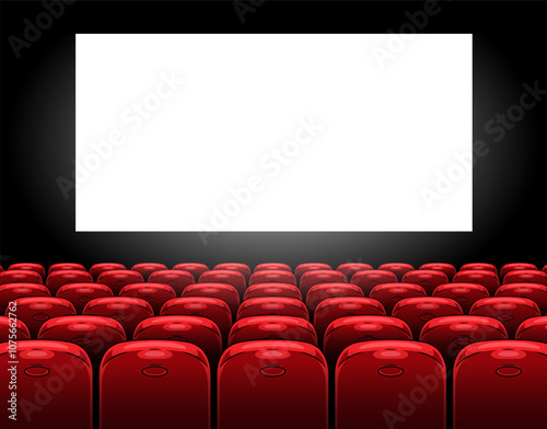 Empty red seats before a blank screen