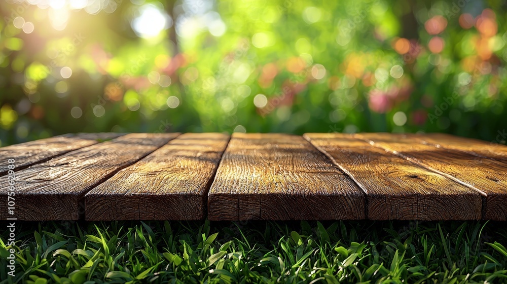 A wooden platform on grass, surrounded by a lush garden with soft sunlight. A wooden platform on grass, surrounded by a lush garden with soft sunlight.