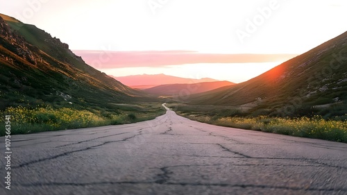 A straight, cracked mountain road stretching into the distance, flanked by green slopes. The road appears narrow and worn, surrounded by patches of vibrant yellow wildflowers on both sides.