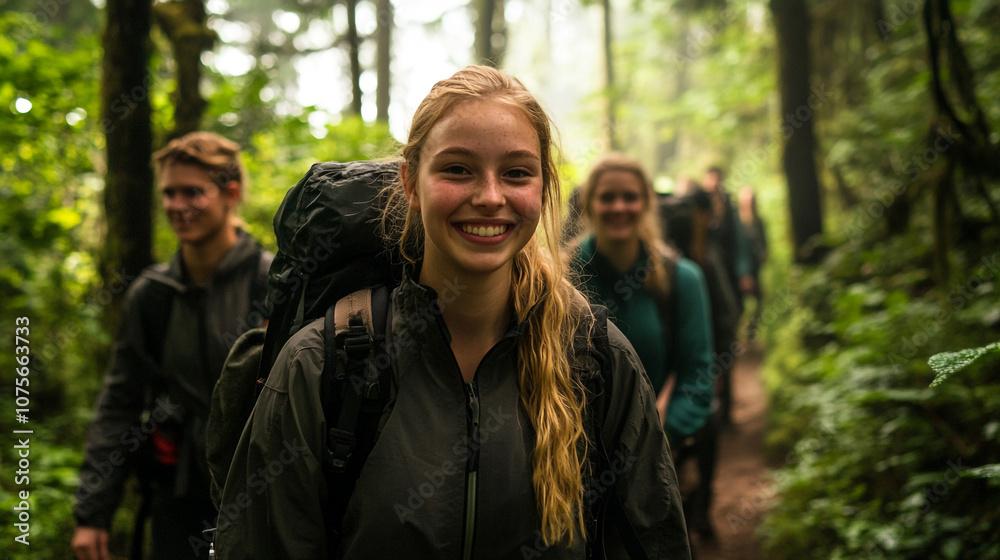 Smiling Female Backpacker Hiking in Forest Trail Adventure Travel Group Smiling Female Backpacker Hiking in Forest Trail Adventure Travel Group