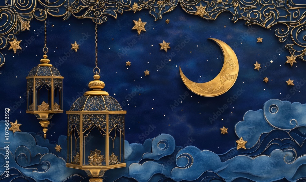 Golden lanterns, crescent moon, stars, blue clouds, night sky decoration