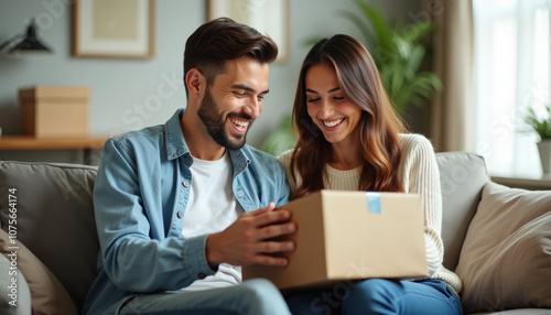 Couple Excitedly Opening a Gift at Home