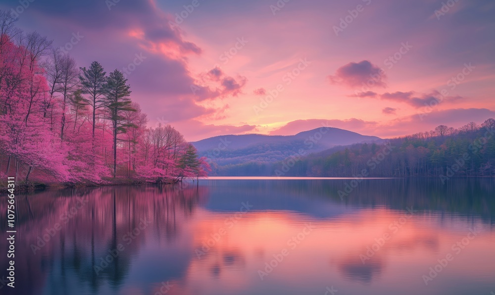 Serene lake at sunset with cherry blossoms, mountains, and reflections Serene lake at sunset with cherry blossoms, mountains, and reflections