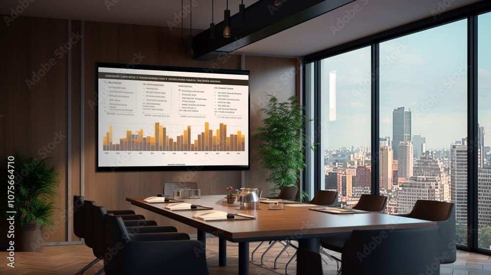 Modern conference room with a large window city view Modern conference room with a large window city view