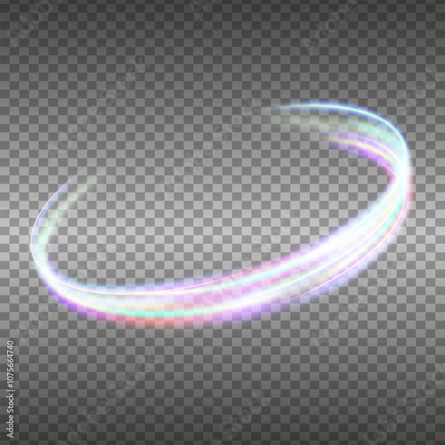 Glowing swirl PNG of bright lines. Vector Circle Neon Light line of Iridescent Holographic Rainbow light Overlay effect. Isolated on transparent background. Light round Advantage effect. Curved light