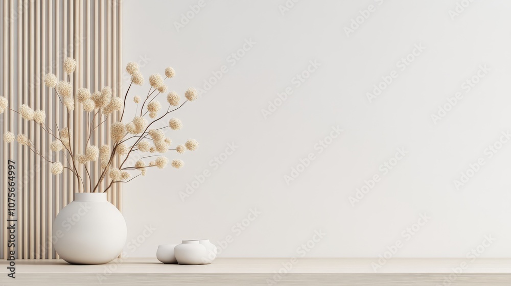 Minimalist Interior Design with Modern Vase and Dry Flower Arrangement on Wooden Surface