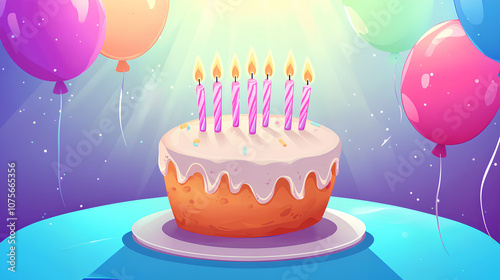 Cake with candles on a bright blue background with balloons, cute children's background, birthday card, poster 