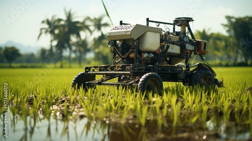 A photo of a rice transplanter in a paddy field. photo