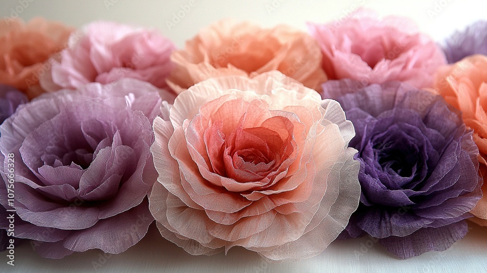   Pink, Purple, & Orange Paper Flowers on White Tablecloth