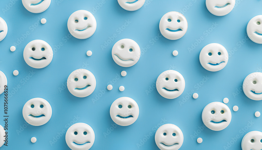 Sad and happy emoticons made of antidepressants on blue background, flat lay Sad and happy emoticons made of antidepressants on blue background, flat lay