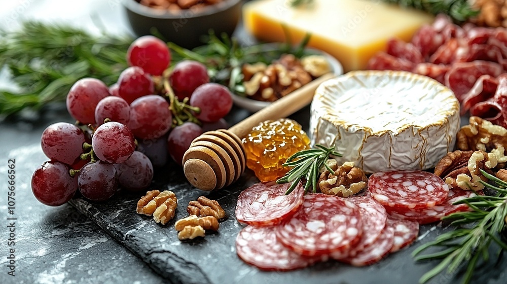 A variety of cheeses, meats, nuts, and other foods are artfully arranged on a black tabletop A variety of cheeses, meats, nuts, and other foods are artfully arranged on a black tabletop