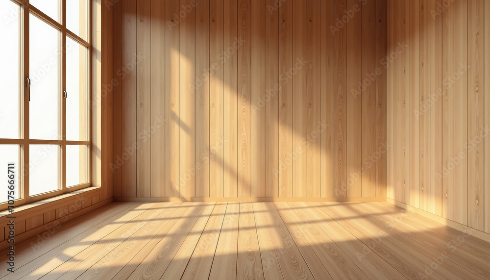 Empty Wooden Room with Sunlight and Shadows Empty Wooden Room with Sunlight and Shadows
