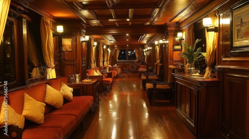 A luxurious, wood-paneled lounge with plush red sofas, gold curtains, and warm lighting.