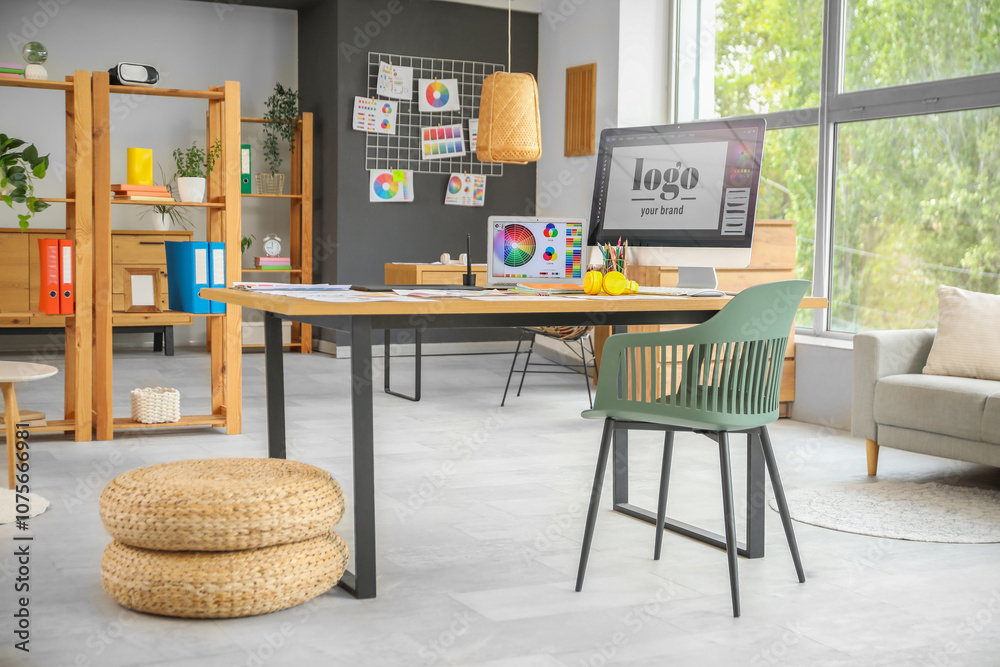 Interior of graphic designer's office with workplace, sofa and shelf ...