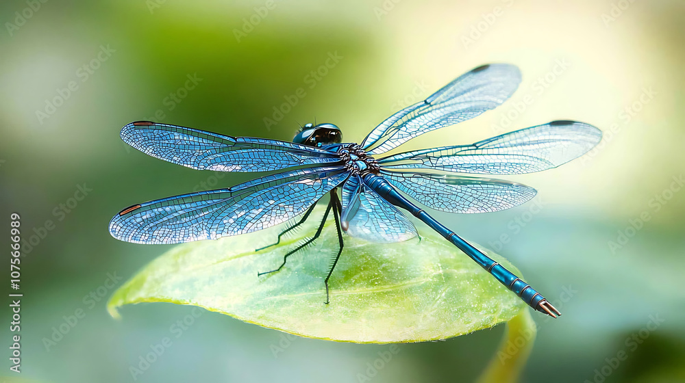 close up macro shot of vibrant blue dragonfly perched on green leaf, showcasing its intricate wings and delicate features. image captures beauty of nature and elegance of this insect close up macro shot of vibrant blue dragonfly perched on green leaf, showcasing its intricate wings and delicate features. image captures beauty of nature and elegance of this insect