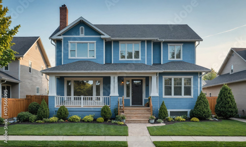 A two-story blue house with a porch and white columns sits on a quiet street