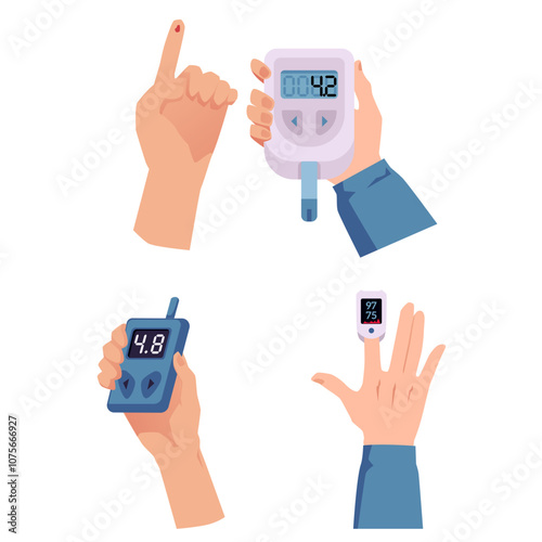 Vector illustration of hands using diabetic devices to monitor glucose levels.