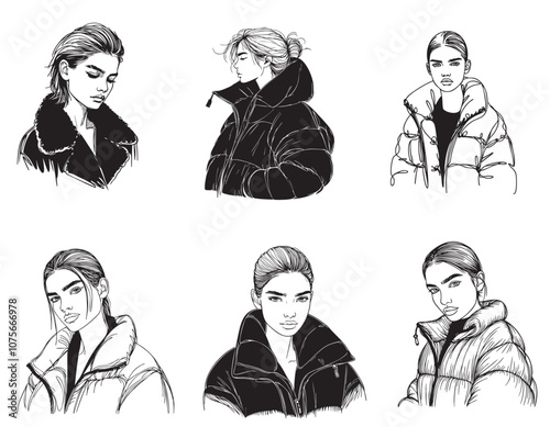 Girl in a very wide black down jacket, sketch. Set