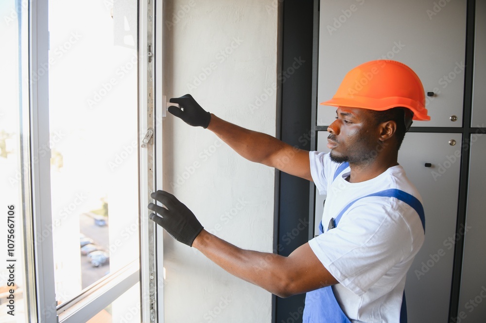 African Workman in overalls installing or adjusting plastic windows in the living room at home African Workman in overalls installing or adjusting plastic windows in the living room at home