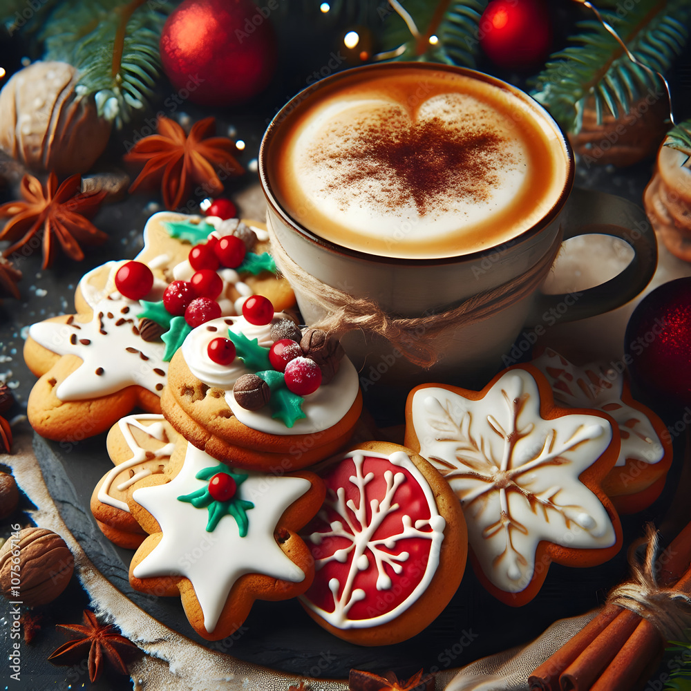 Weihnachtskekse und Kaffee und Dekoration Weihnachtskekse und Kaffee und Dekoration