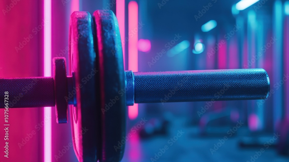 Close-up of a barbell with weight plates in a modern gym with neon pink and blue lights. Close-up of a barbell with weight plates in a modern gym with neon pink and blue lights.