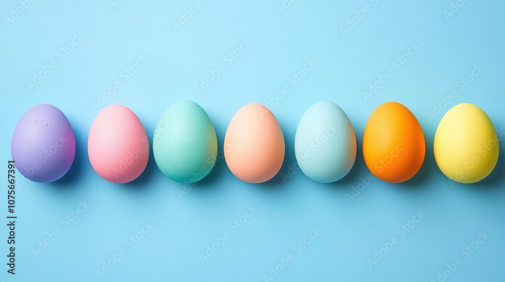   Colored eggs arranged on a blue surface with middle egg
