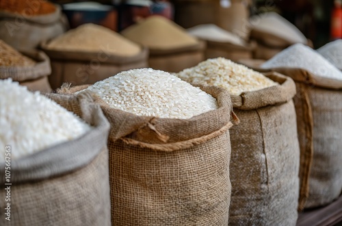 Various rice grains filling burlap sacks at market stall