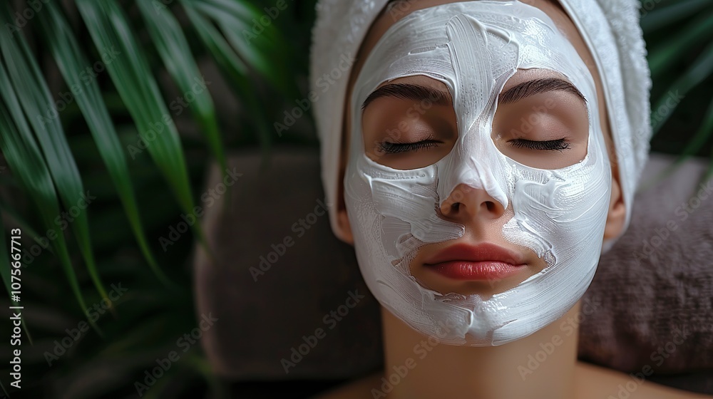 A woman in a towel has a white mask concealing her face A woman in a towel has a white mask concealing her face