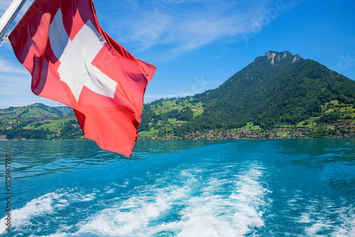 boat trip lake Thunersee, swiss flag photo