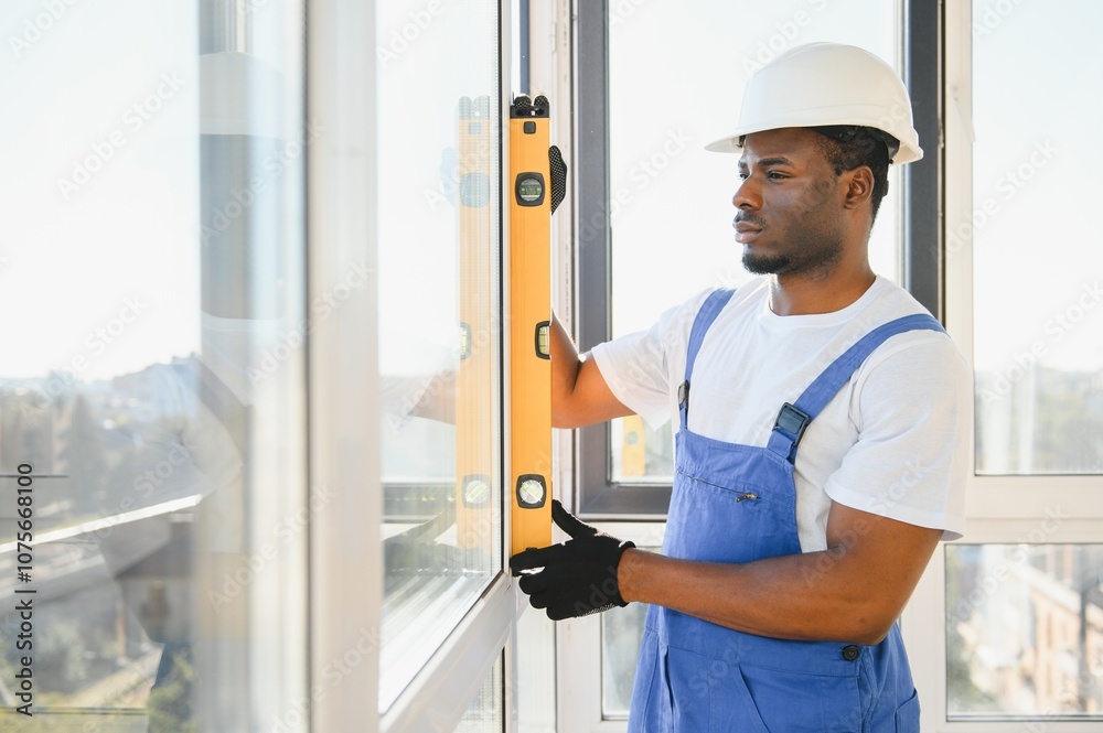 Worker in installing white plastic upvc window on house Worker in installing white plastic upvc window on house