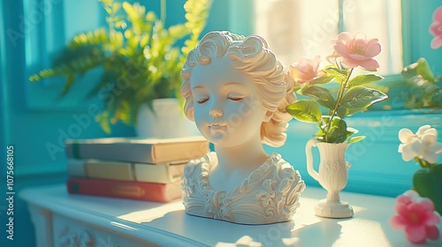White plaster bust of a young girl on a mantelpiece with books and flowers.