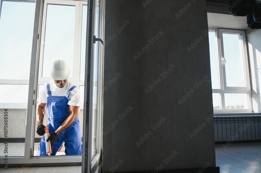 African Workman in overalls installing or adjusting plastic windows in the living room at home