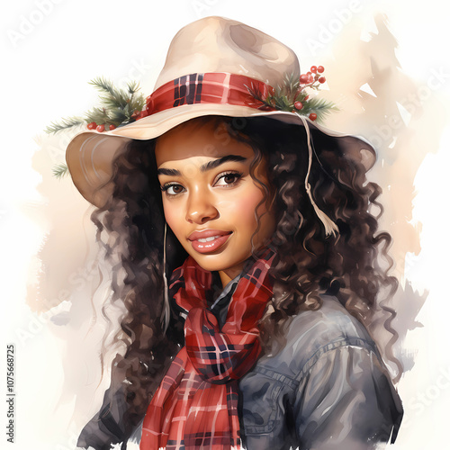 African American Country Girl texan in stetson decked for christmas in red ribbon and holly berries in a denim shirt and red tartan scarf. Watercolor illustration. 